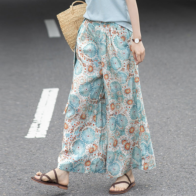2025 summer new literary and retro printing loose wide-leg pants nine-point casual culottes women #5332