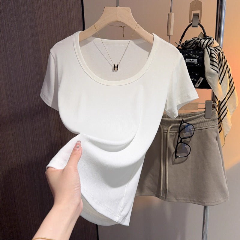 White u-neck short-sleeved t-shirt women's summer 2025 new threaded versatile tight and thin inner bottoming shirt and outer top