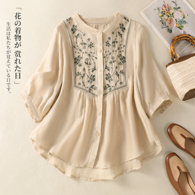 Real shot 2025 summer new cotton and linen literary retro embroidery stand-up collar single-breasted shirt embroidered top women