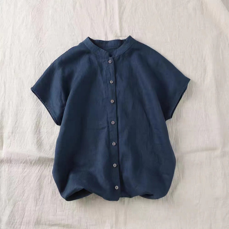 2025 summer new literary loose solid color cotton and linen stand-up neck short-sleeved shirt women's shirt top #8889