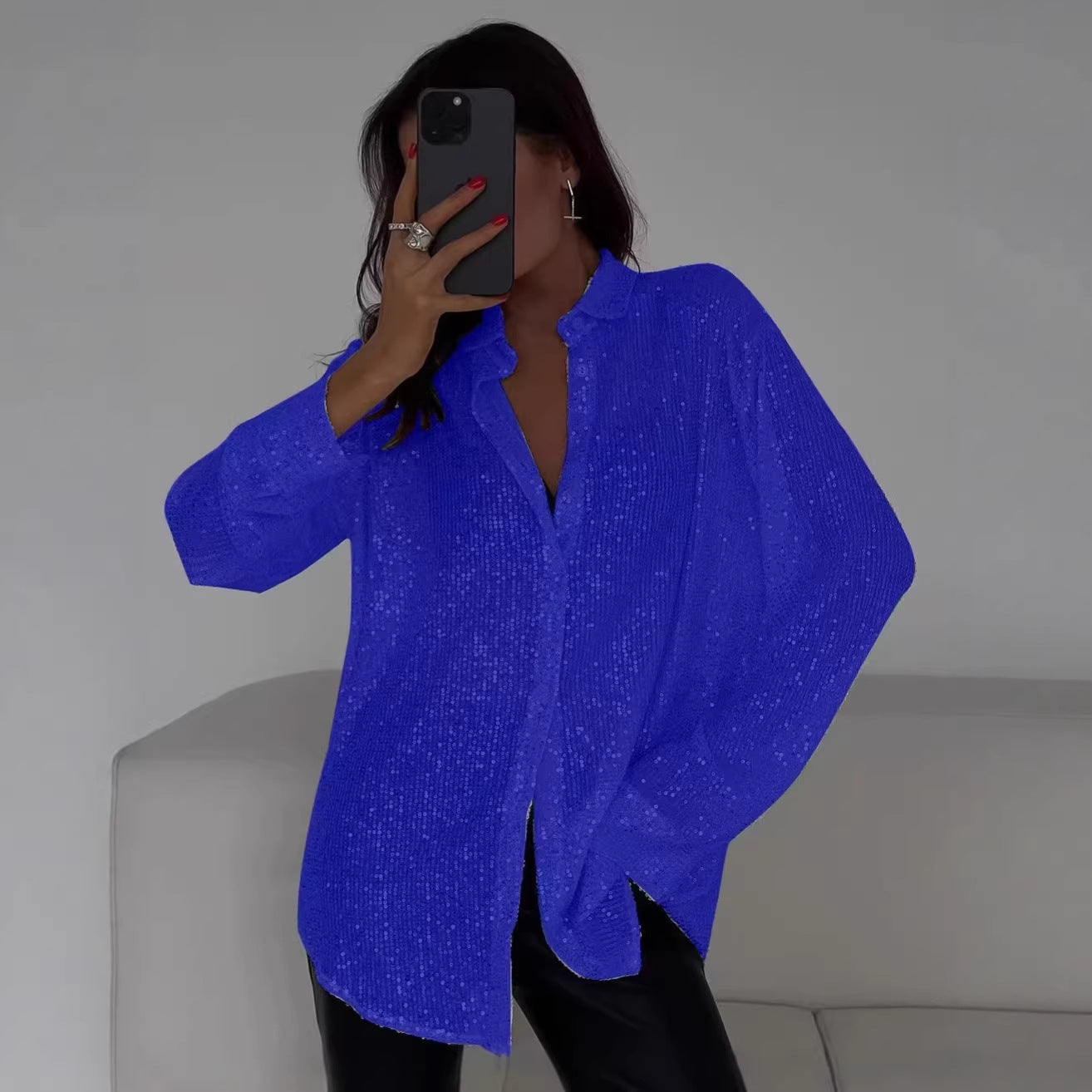 2025 spring and summer Europe and the United States new bead top lapel long-sleeved cardigan basic cross-border women's shirt jacket