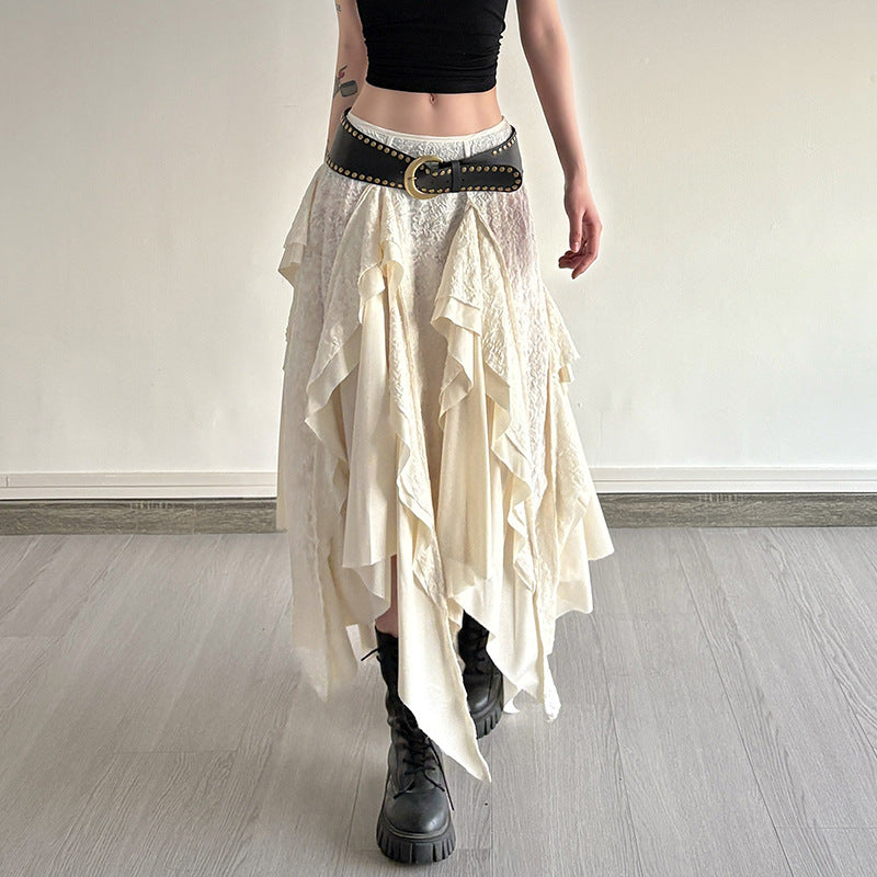 American retro design irregular wavy edge skirt Spice girl slim personality versatile double-layer stacked medium and long skirt