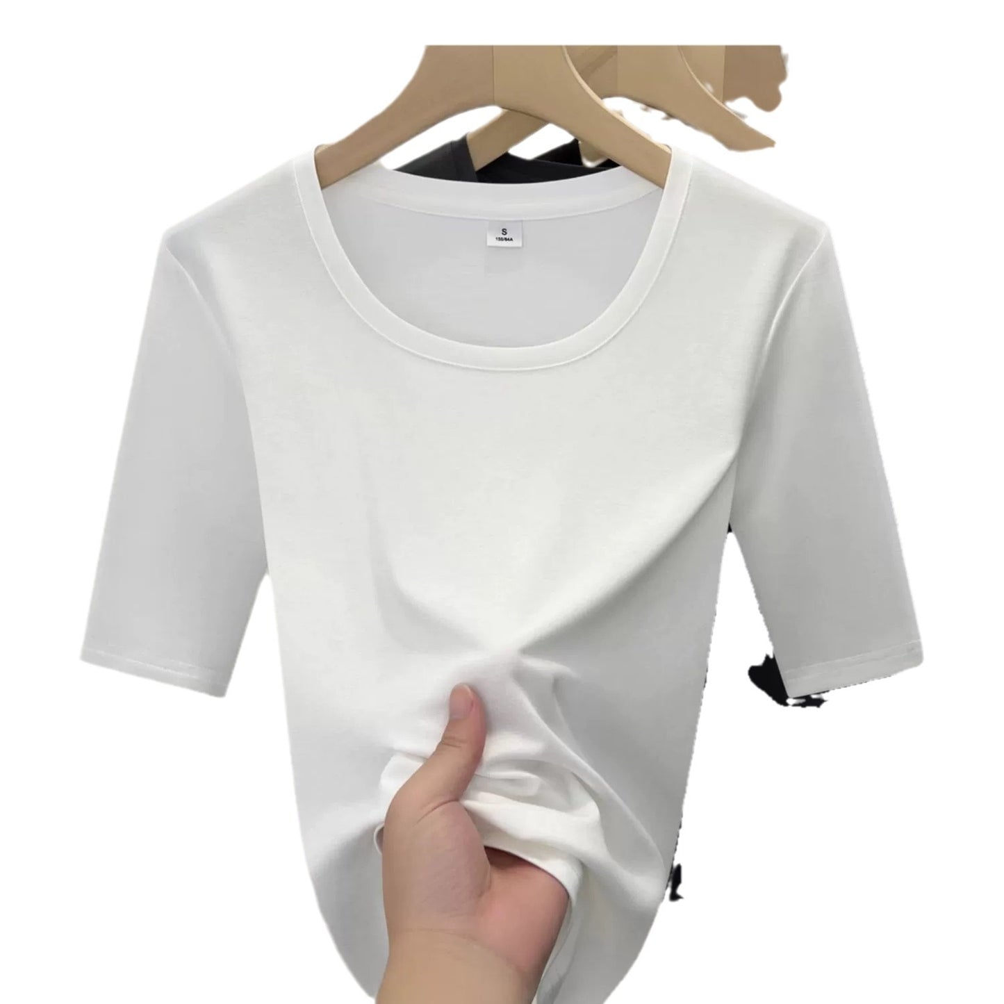 Tencel white semi-turtleneck bottoming shirt women's 2025 new slim-fitting and thin shoulder T-shirt spring and summer mid-sleeved top trendy