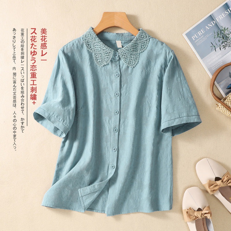 Real shot 2025 summer new literary loose solid color cotton and linen jacquard short-sleeved shirt blouse top #6616 #