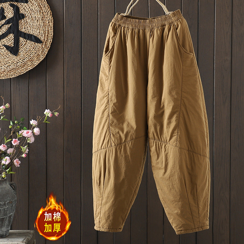Real shot 2025 autumn and winter new retro thickened cotton pants women's elastic waist warm padded casual pants Harlan pants trousers