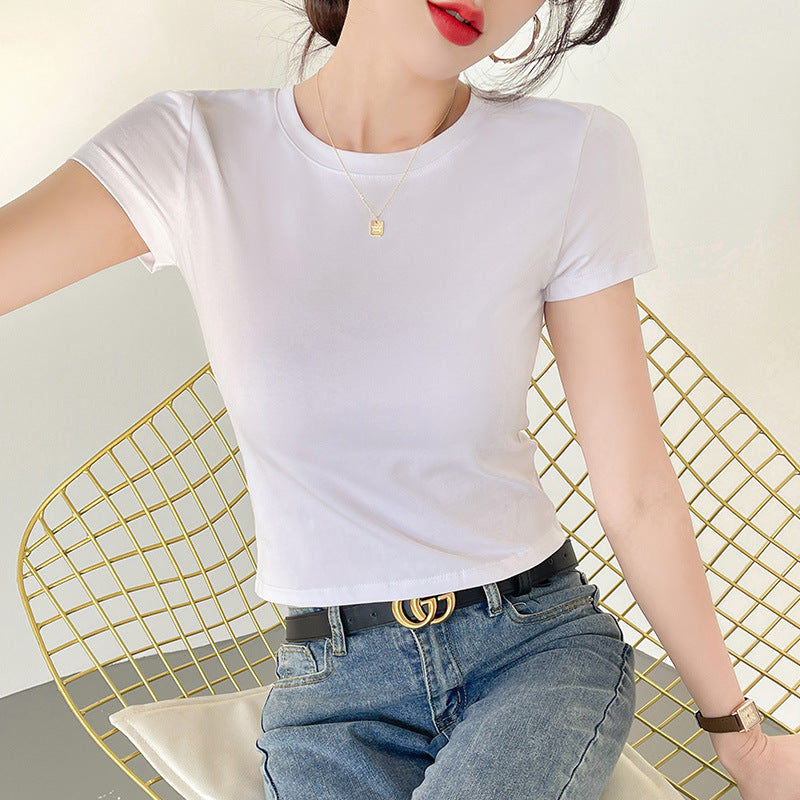 White short t-shirt women's short-sleeved ins trendy navel top tight cotton summer high-waisted belly button half-sleeved t-shirt