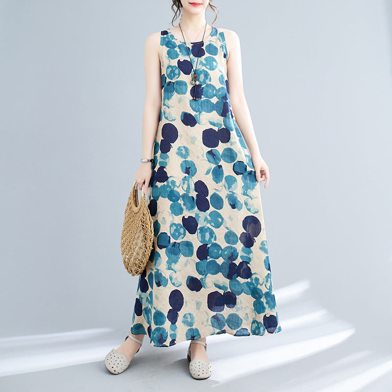 Real shot 2025 summer new literary loose printing crew neck sleeveless dress women's medium and long 8603 #