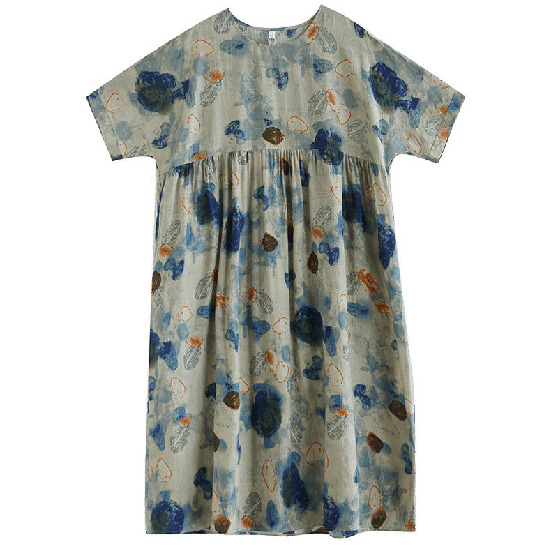 Real shot 2025 summer thin cotton and linen fat mm round neck short-sleeved vacation style loose and simple bohemian swing skirt