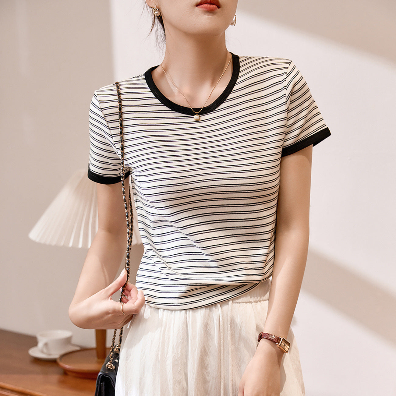 #Combed pure cotton #foreign style striped t-shirt women's short sleeve 2026 summer new color matching round neck simple versatile top
