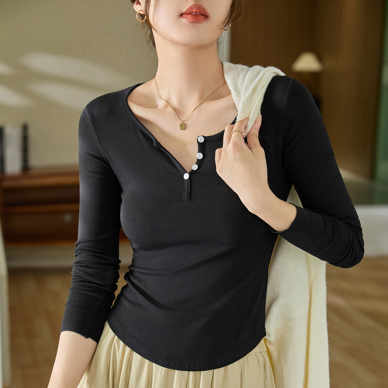 #Quality high-quality #Modal cotton button-up semi-open neck T-shirt women's long-sleeved 2026 autumn new inner bottoming shirt