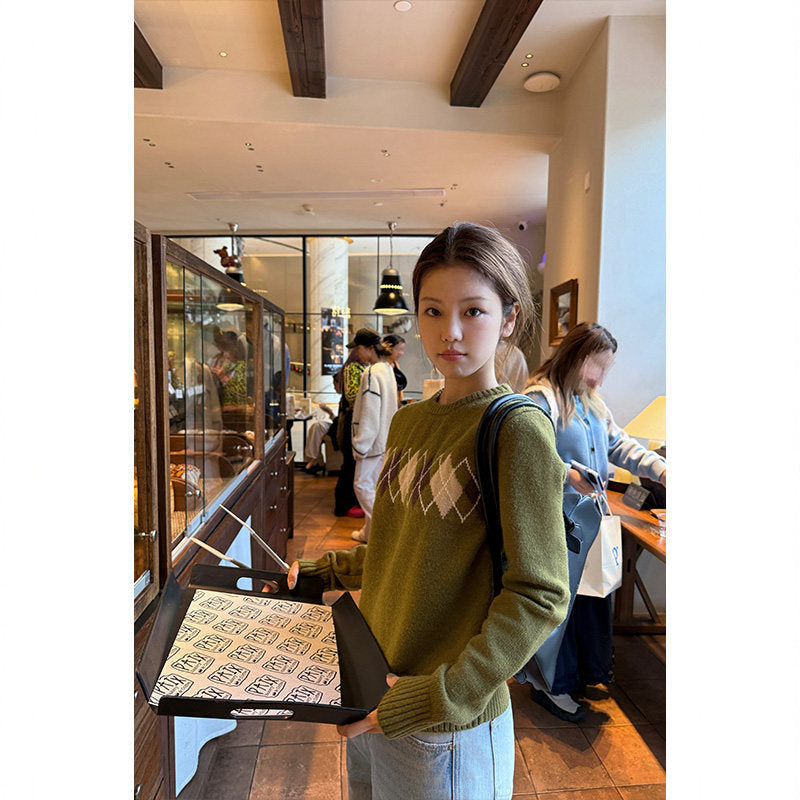 Tuuuh picture book, rhombus crew neck sweater women's autumn and winter new retro inner versatile knitted top