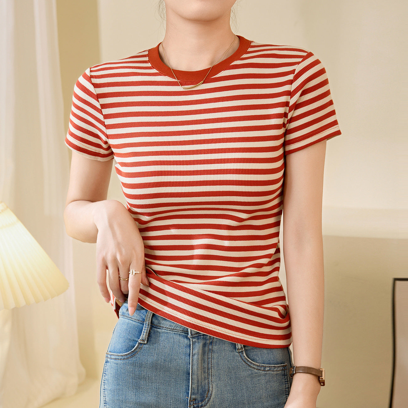[Use good materials] Striped T-shirt women's summer short-sleeved 2026 new pure cotton retro top slim-fitting and thin bottoming shirt