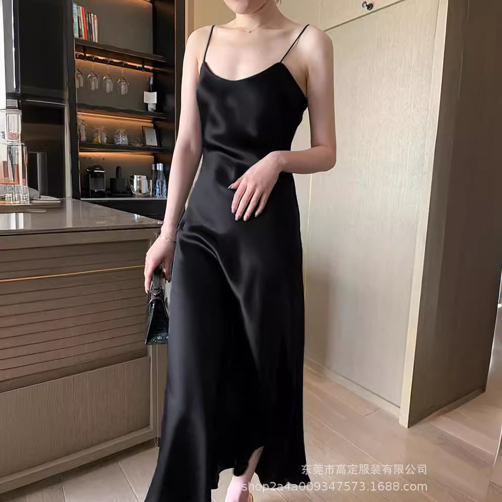 Haute couture [black] acetic acid suspender dress V-neck 25 spring and summer explosion satin thin Internet celebrity Douyin dress