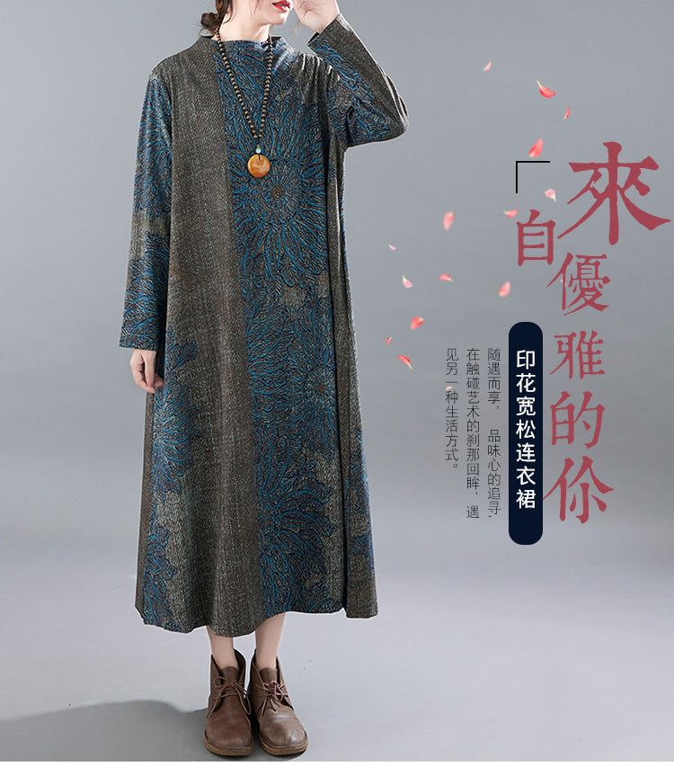 Real shot 2025 autumn new retro printing literary loose and thin bottom long-sleeved dress women's clothing