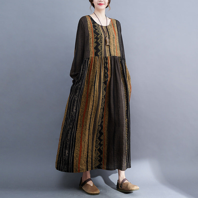 Real shot 2023 early autumn new retro age-reducing ethnic style round neck long-sleeved pendulum dress women #125