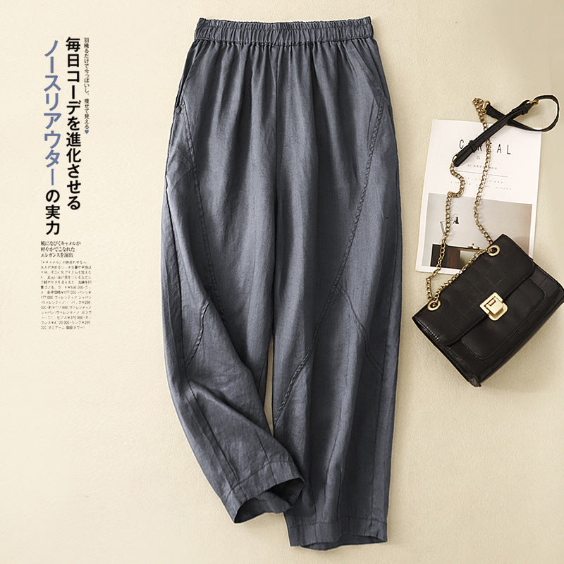 Real shot 2025 summer new cotton and linen large size elastic waist solid color loose and thin nine-point Harlan pants women