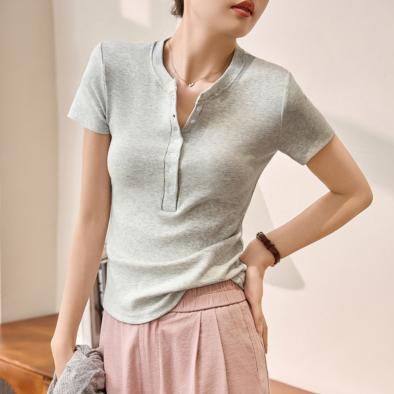 #260G Youkes, Zhen Quality #Henry Neck Button T-Shirt Women's Short Sleeve Temperament Versatile Slim Shoulder Top