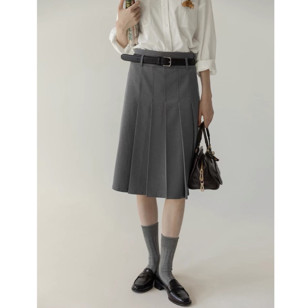 LANO middle waist wears pleated skirts on both sides, retro college temperament A-shaped skirt, skirt, medium and long skirt, spring and summer