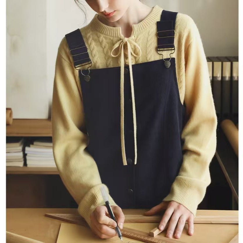 MELLIIY Spring 2025 New Commuter V-Neck Lace-up Merino Full Wool Cable Knit Sweater Woman