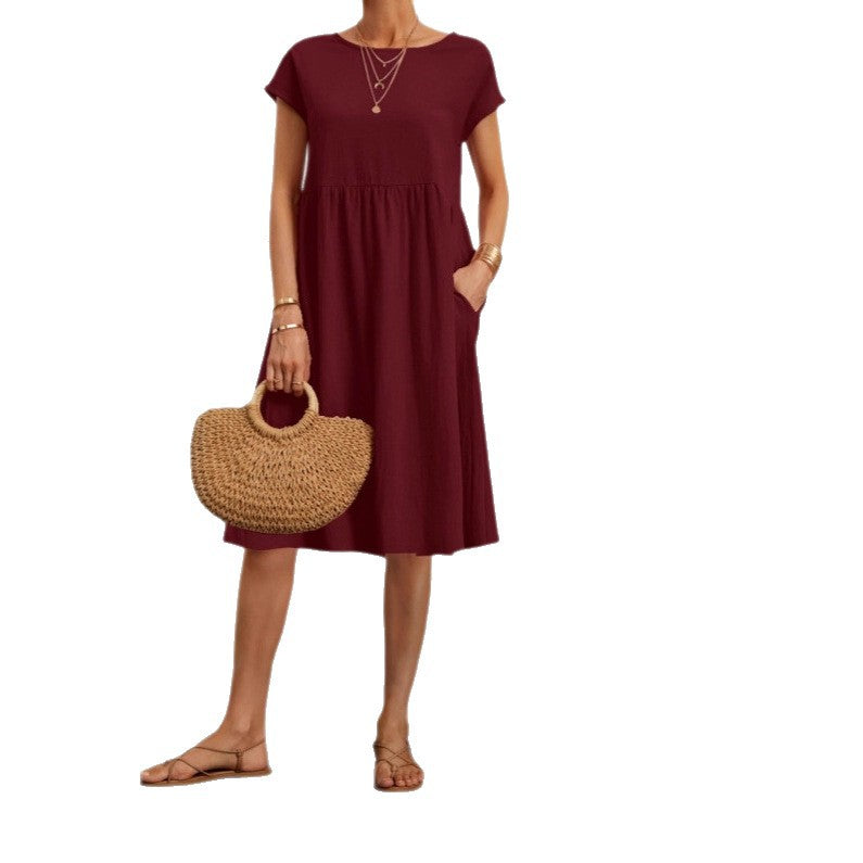 Amazon 2024 summer cross-border supply OL temperament women's clothing cotton round neck A-shaped skirt dress manufacturer wholesale women