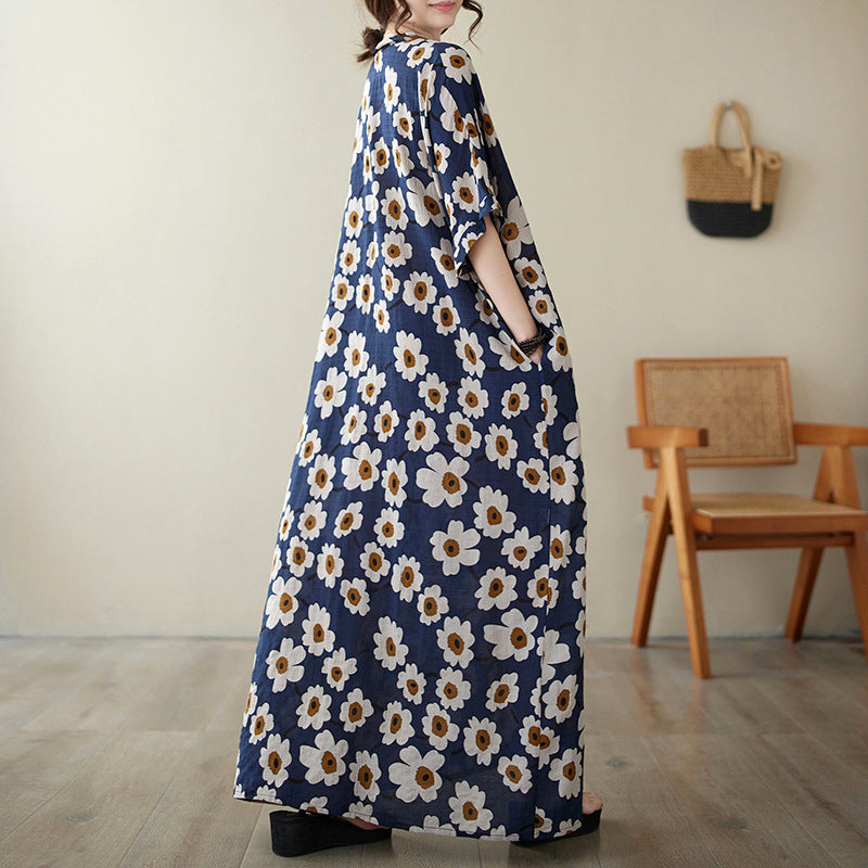 Real shot 2024 summer new V-neck cotton and linen large size loose literary holiday style medium and long beach dress women