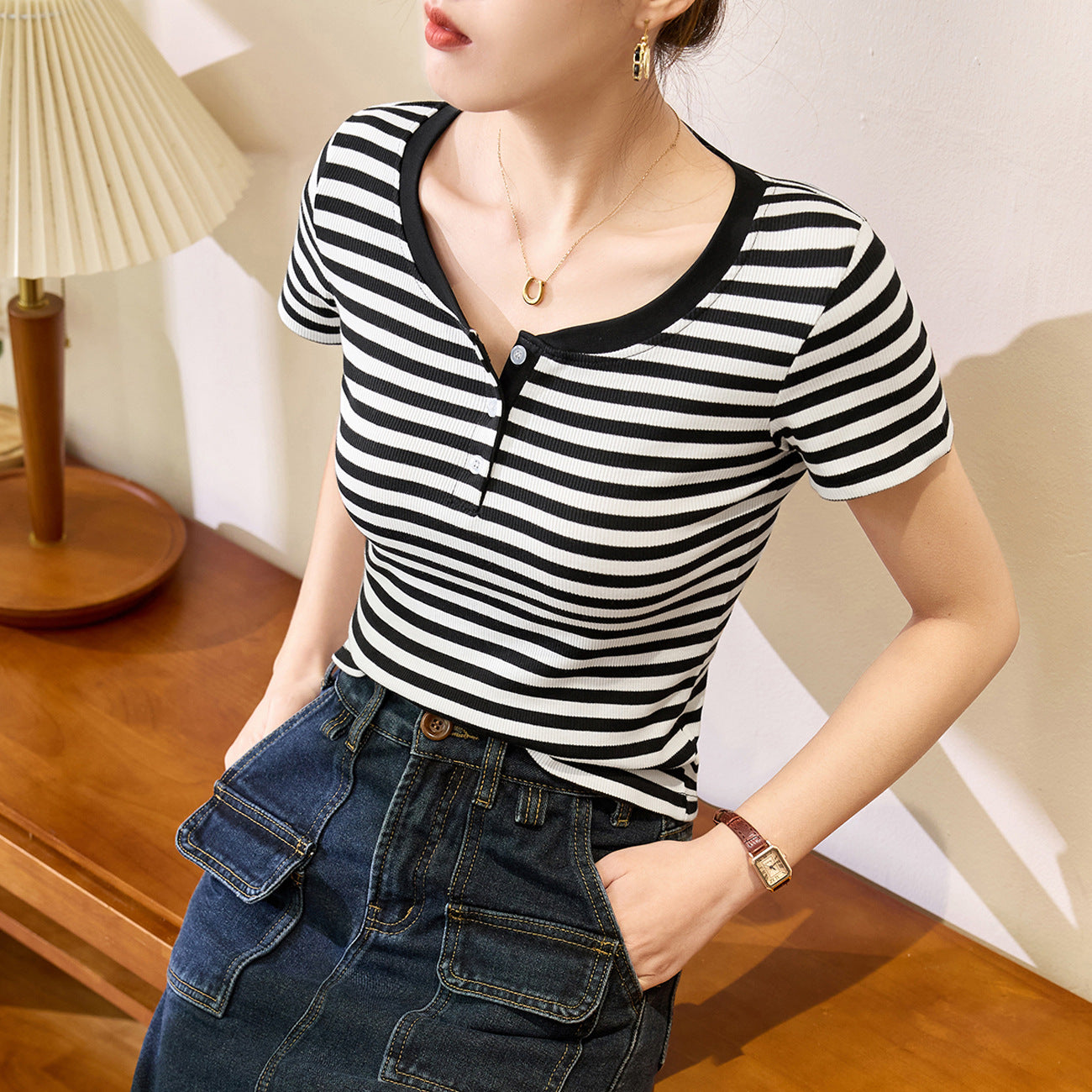 #Double button collar 260g striped #cotton T-shirt women's short-sleeved 2026 summer new front shoulder top bottoming shirt