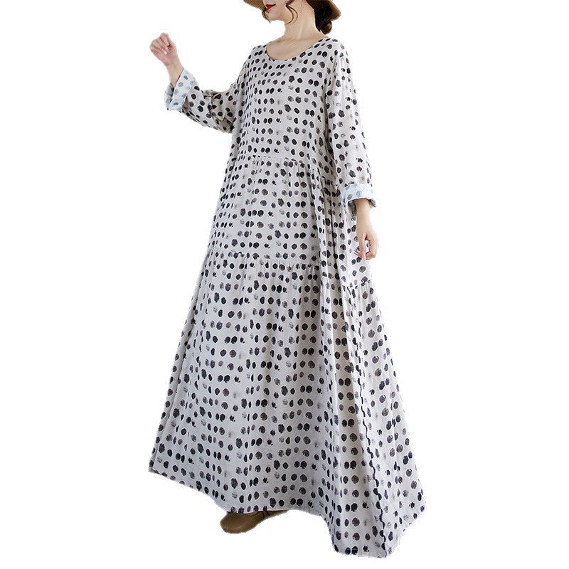 2025 autumn new bohemian casual round neck long-sleeved pleated skirt polka dot foreign trade dress women