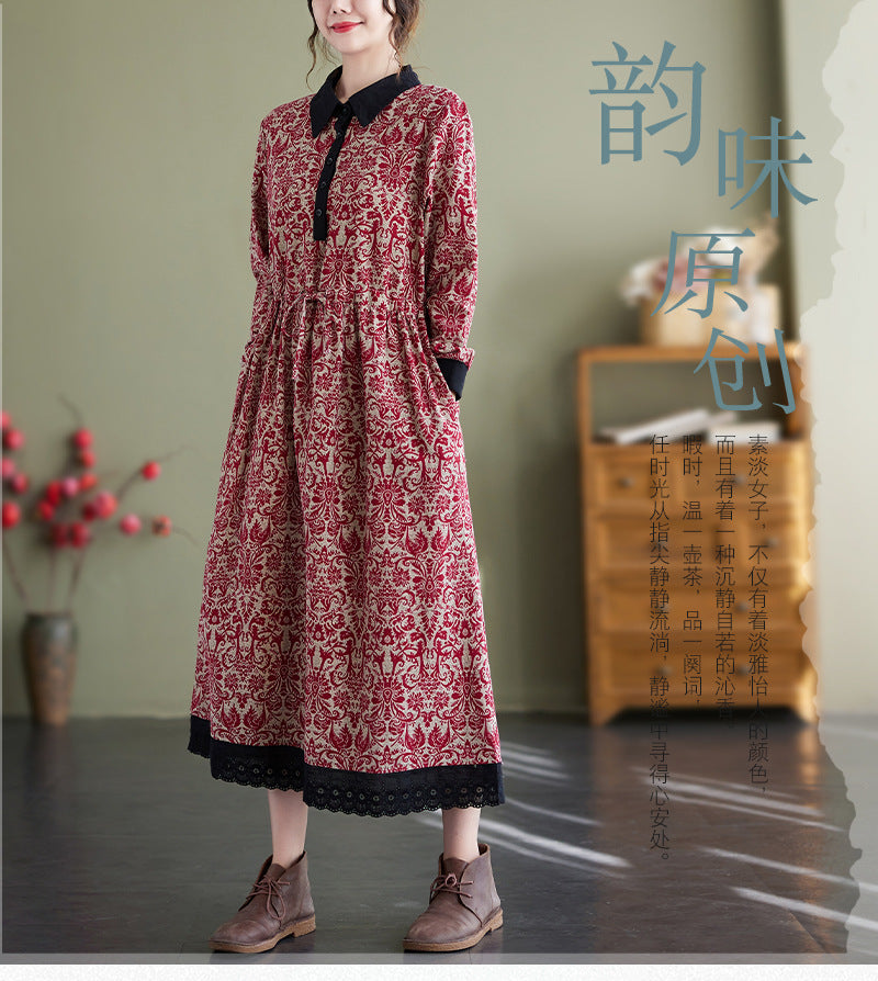 Real shot 2025 spring new literary and loose printing cotton and linen lapel long-sleeved dress women's medium and long style #969