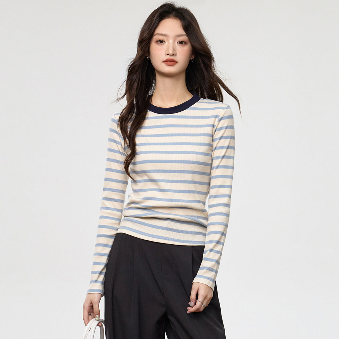 #Selection of pure cotton #Contrasting striped round neck long-sleeved T-shirt women's 2026 autumn and winter new slim-fitting and thin bottoming top