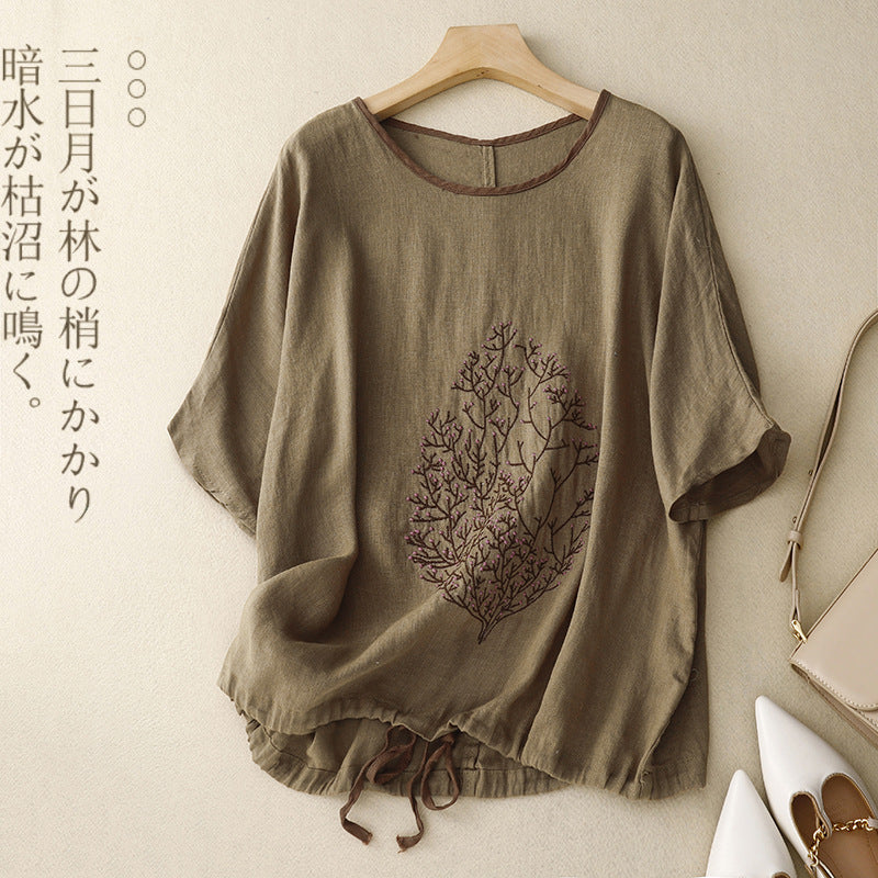 Real shot 2025 summer new literary loose embroidery flower cotton and linen round neck short-sleeved T-shirt women's drawstring top #9380