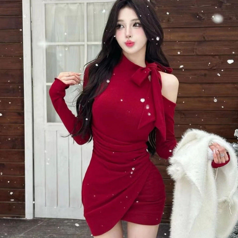 Pure desire hot girl bow off-the-shoulder long sleeve base dress women's autumn and winter new inner fit, slim and slim hip skirt