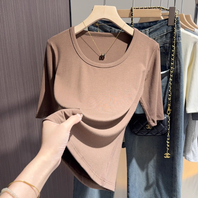 White medium-sleeved t-shirt women's knitted sweater spring and autumn summer basic V-neck bottoming shirt with five-quarter-sleeved top and t-shirt