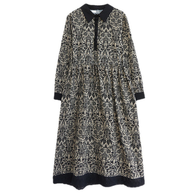 Real shot 2025 spring new literary and loose printing cotton and linen lapel long-sleeved dress women's medium and long style #969