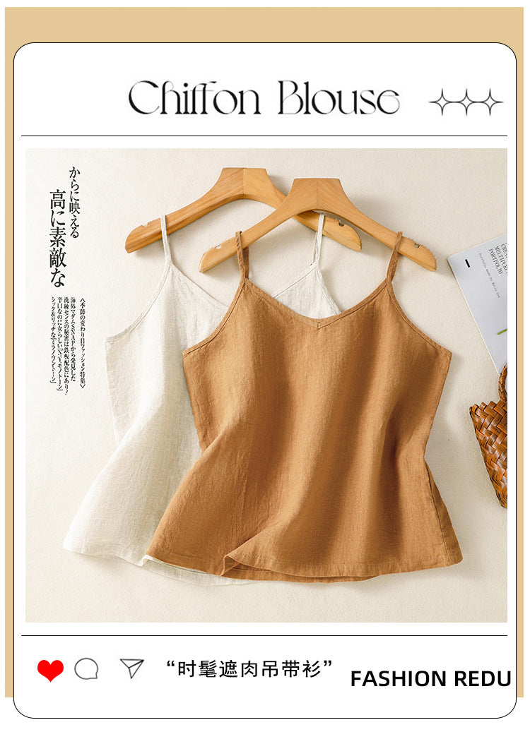 Real shot 2025 summer new cotton and linen V-neck adjustable shoulder strap simple suspender vest top women