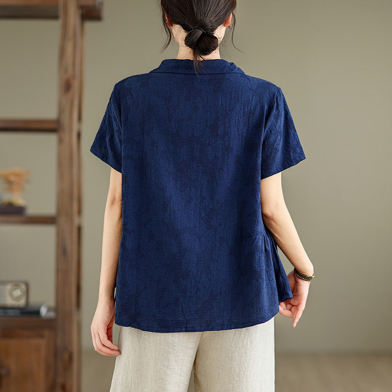 Real shot 2025 summer new literary loose jacquard cotton and linen lapel short-sleeved shirt blouse top #2308