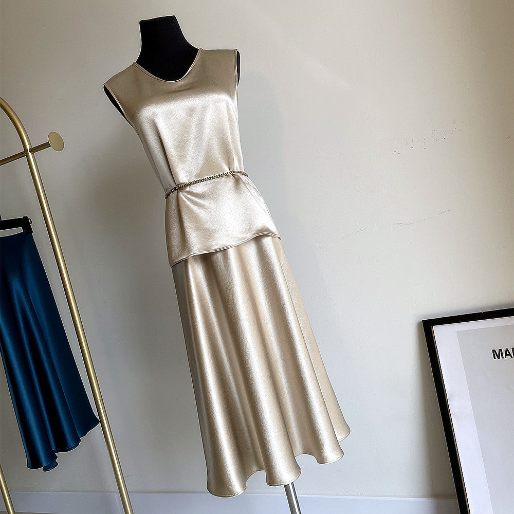 Haute couture Japan imported acetic acid satin sling vest + A font high waist skirt two-piece set Royal sister fried street