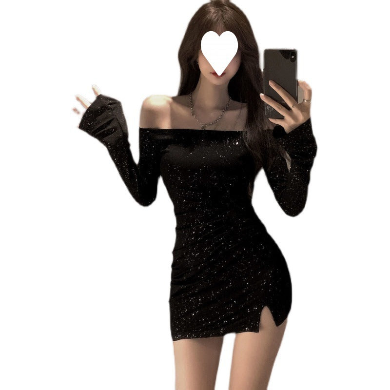 One-word shoulder dress women's slim-fit diamond-encrusted long-sleeved irregular hip-wrapped short skirt early autumn 2025 new black skirt