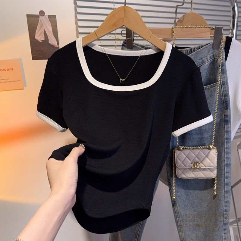 Black square neck contrasting color versatile slim-fitting short-sleeved T-shirt women's summer new hem curved thin top bottoming shirt