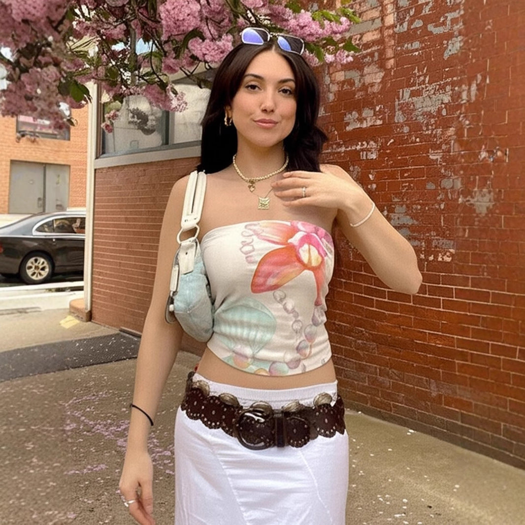 Street Vacation Wind Island Shell Print Off-Shoulder Slim-Fit Vest Hot Girl Sexy Skinny Versatile Top