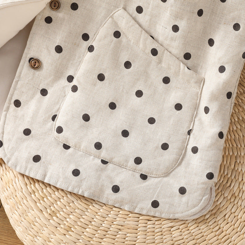 Real shot 2025 autumn and winter new polka dot cotton and linen cotton clothes vest warm literary and retro cotton padded vest short jacket