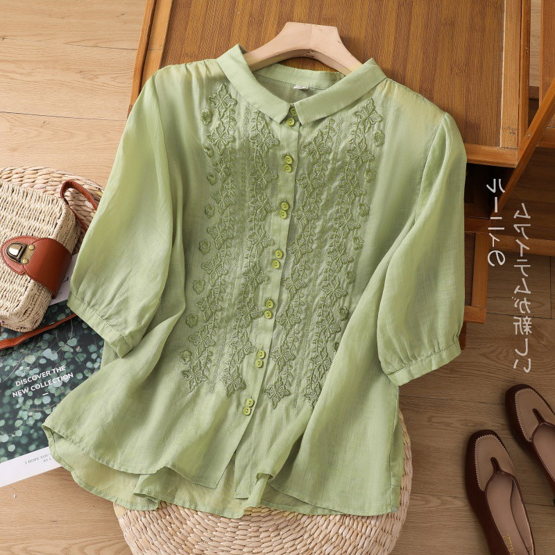 Real shot 2025 summer new literary loose embroidery flower lapel seven-quarter sleeve shirt blouse top #8360