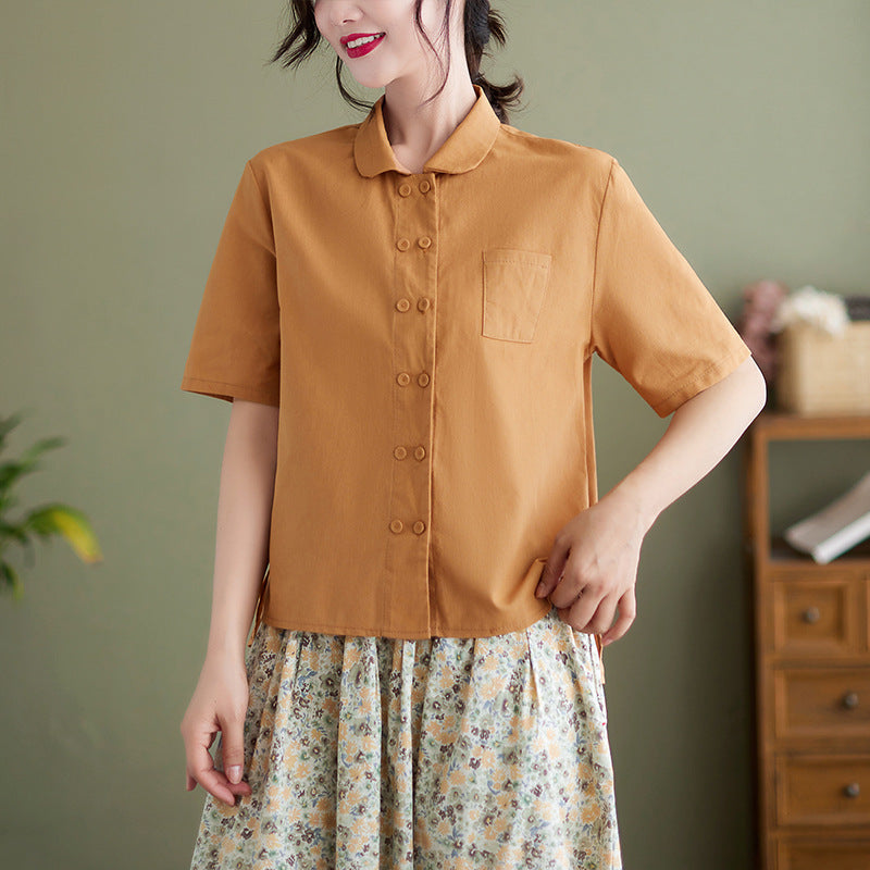 Summer 2024 new literary loose solid color single-breasted retro short-sleeved shirt top women