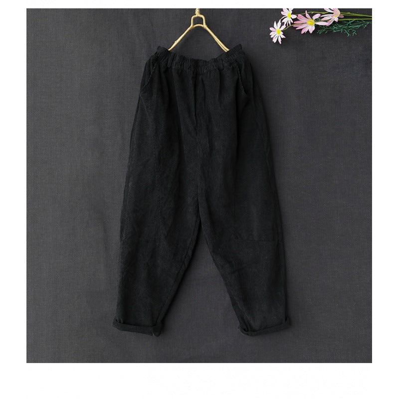 2024 autumn new retro corduroy casual elastic waist loose and thin solid color Harlan trousers women
