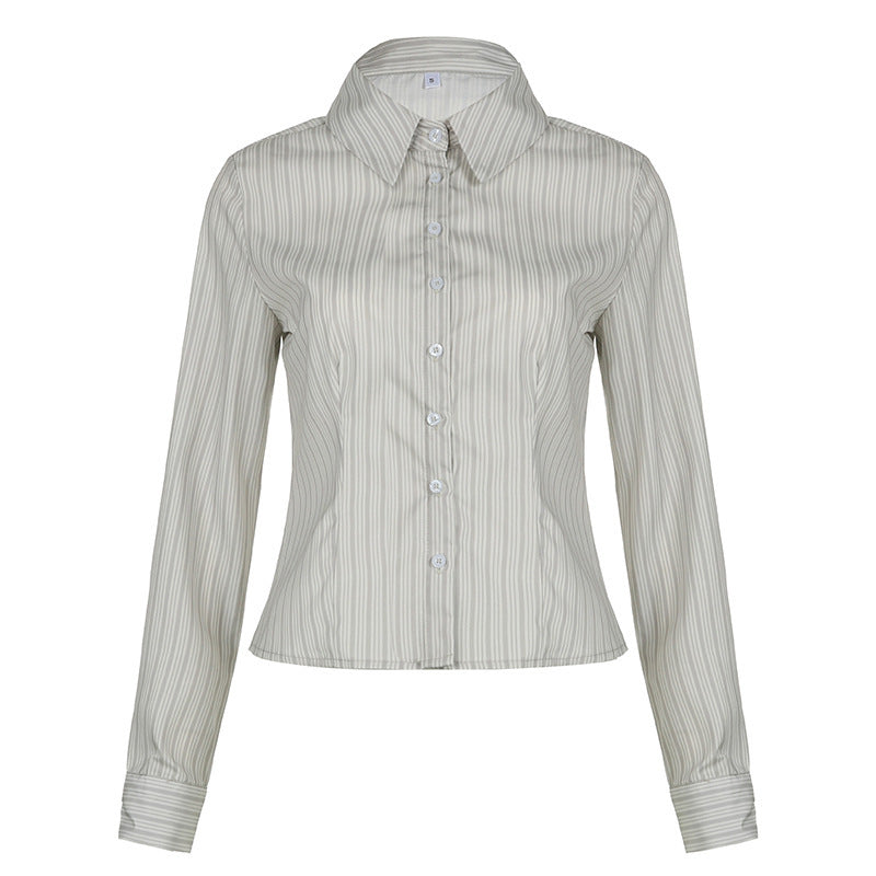 American Street Urban Simple Stripe Slim Fit Basic Long Sleeve Workplace Spice Girl Commuter Thin Lapel Button Shirt