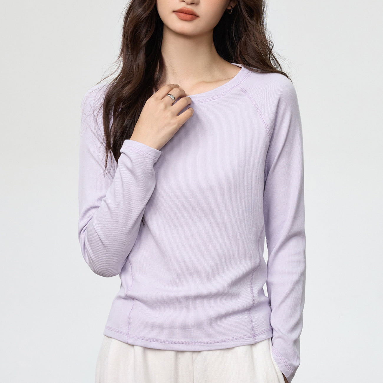 260G Youke silk, flower needle thread, seven pieces splicing heavy craftsmanship long-sleeved T-shirt women's simple solid color bottoming shirt top