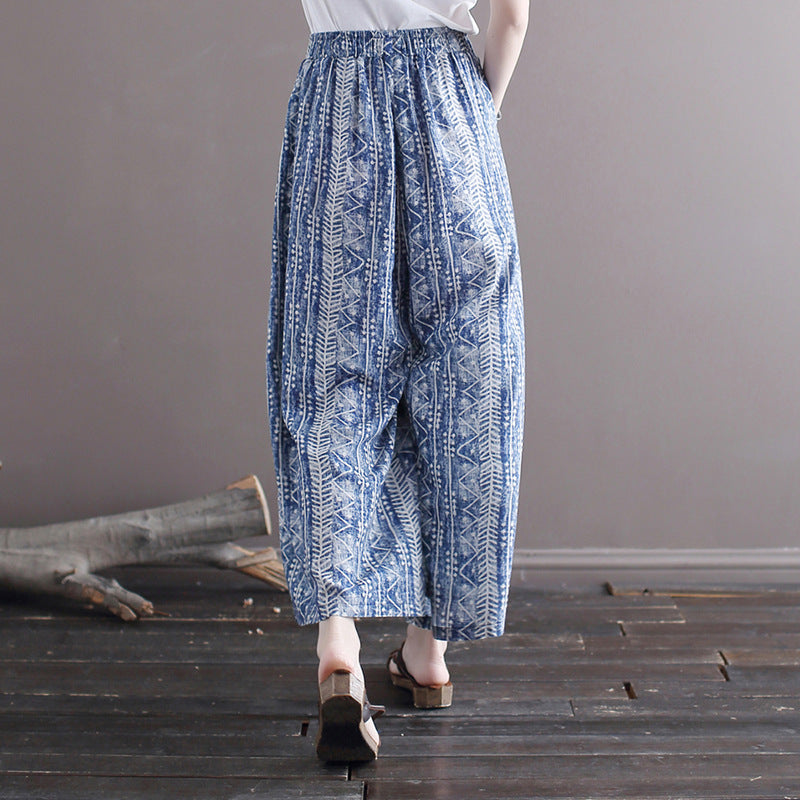 2024 summer thin literary cotton and linen wide-leg floral ethnic style loose batik elastic waist culottes straight-leg pants women