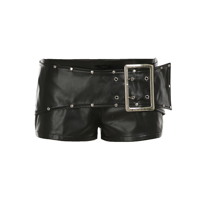 ins design sense rivet day buckle belt low waist leather pants Spice girl dark punk style straight versatile shorts