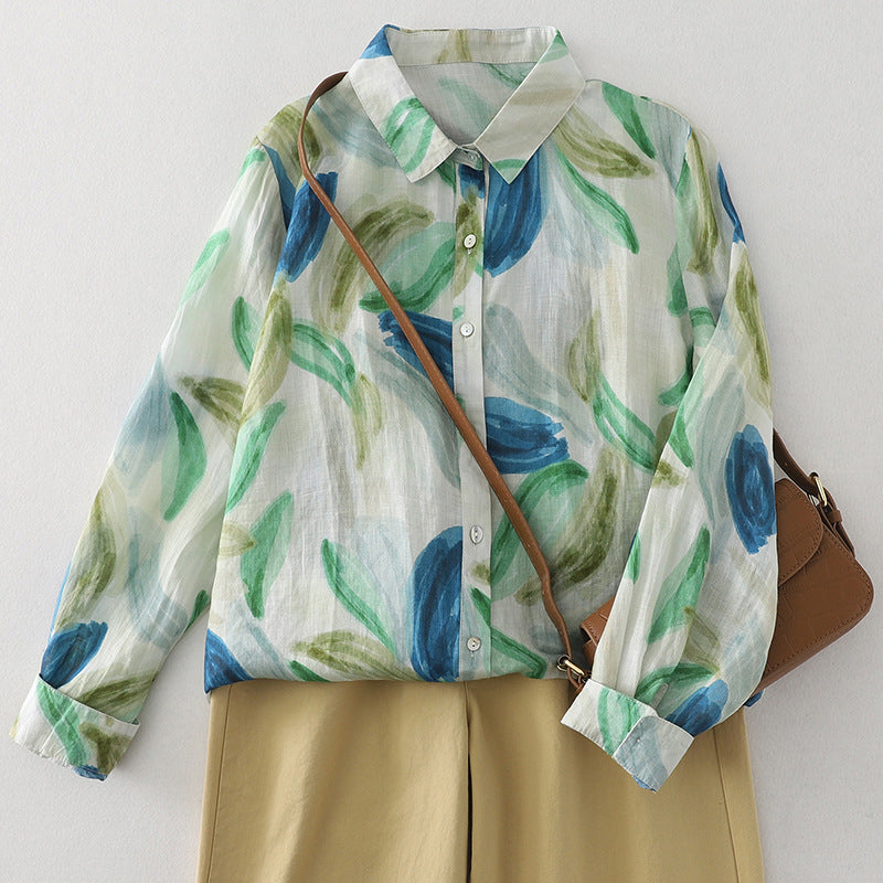 Real shot 2025 spring thin blue-green ink splashing printing French fresh shirt top women #1080