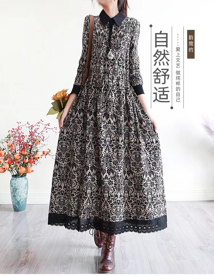 2025 Spring New Literary Loose Cotton and Linen Printed Lapel Long Sleeve Dress Women's Waist Medium and Long 969 #