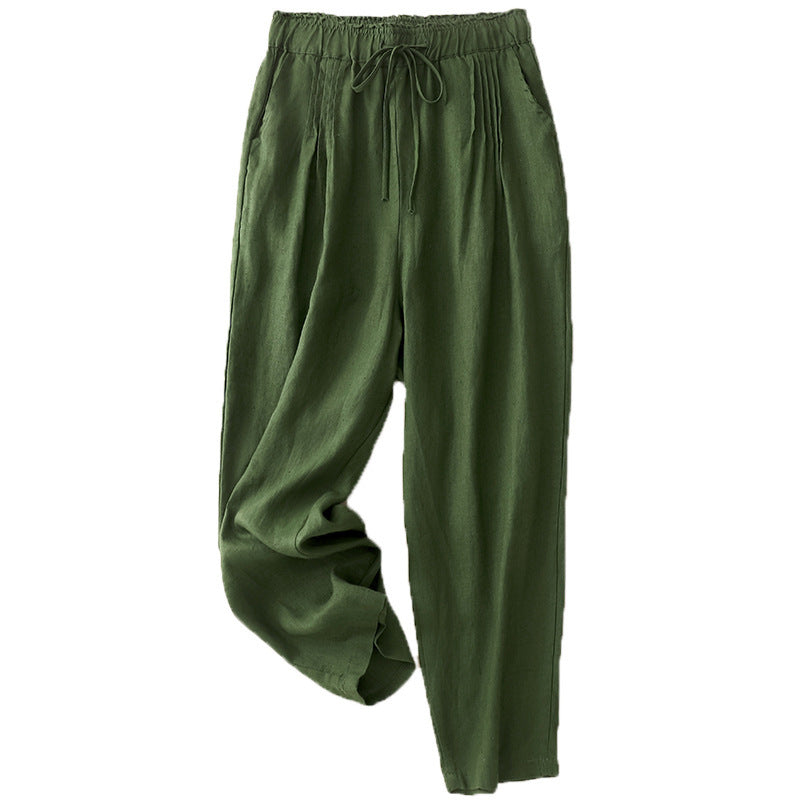 Real shot 2025 spring new casual loose solid color cotton and linen elastic waist Harlan pants women's nine-point pants #9037